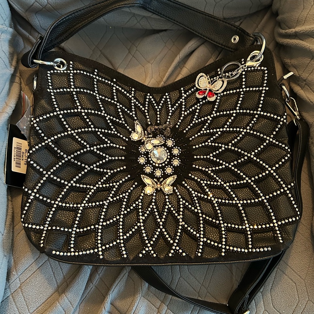 Elegant Black Studded Handbag W Butterfly Theme